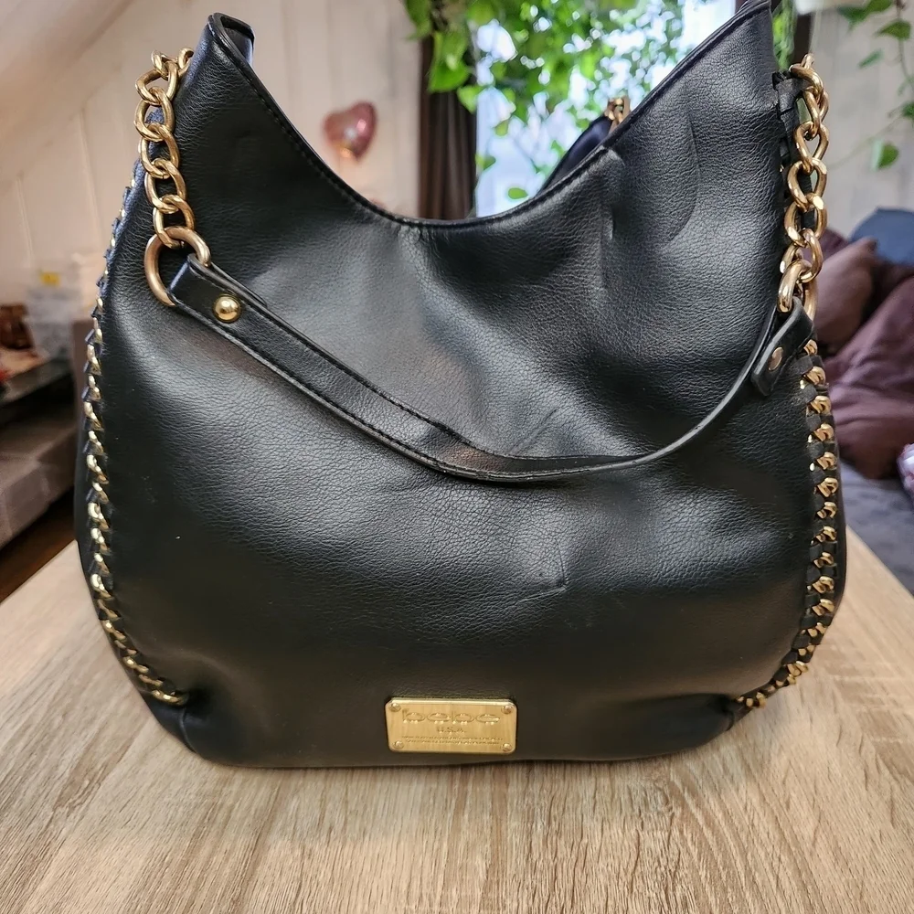 bebe Black Hobo Bag with Gold Chain Detail